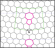 structural model of a (1,0) grain boundary with the Burgers' vector and the non-hexagonal rings highlighted